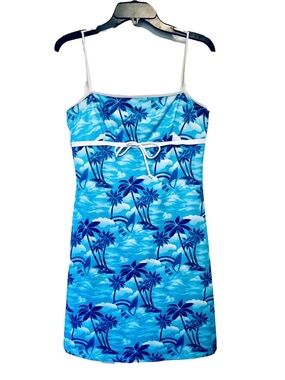 Finesse USA Vintage '90s Womens S Blue White Tropical Print Y2K Mini Tank Dress